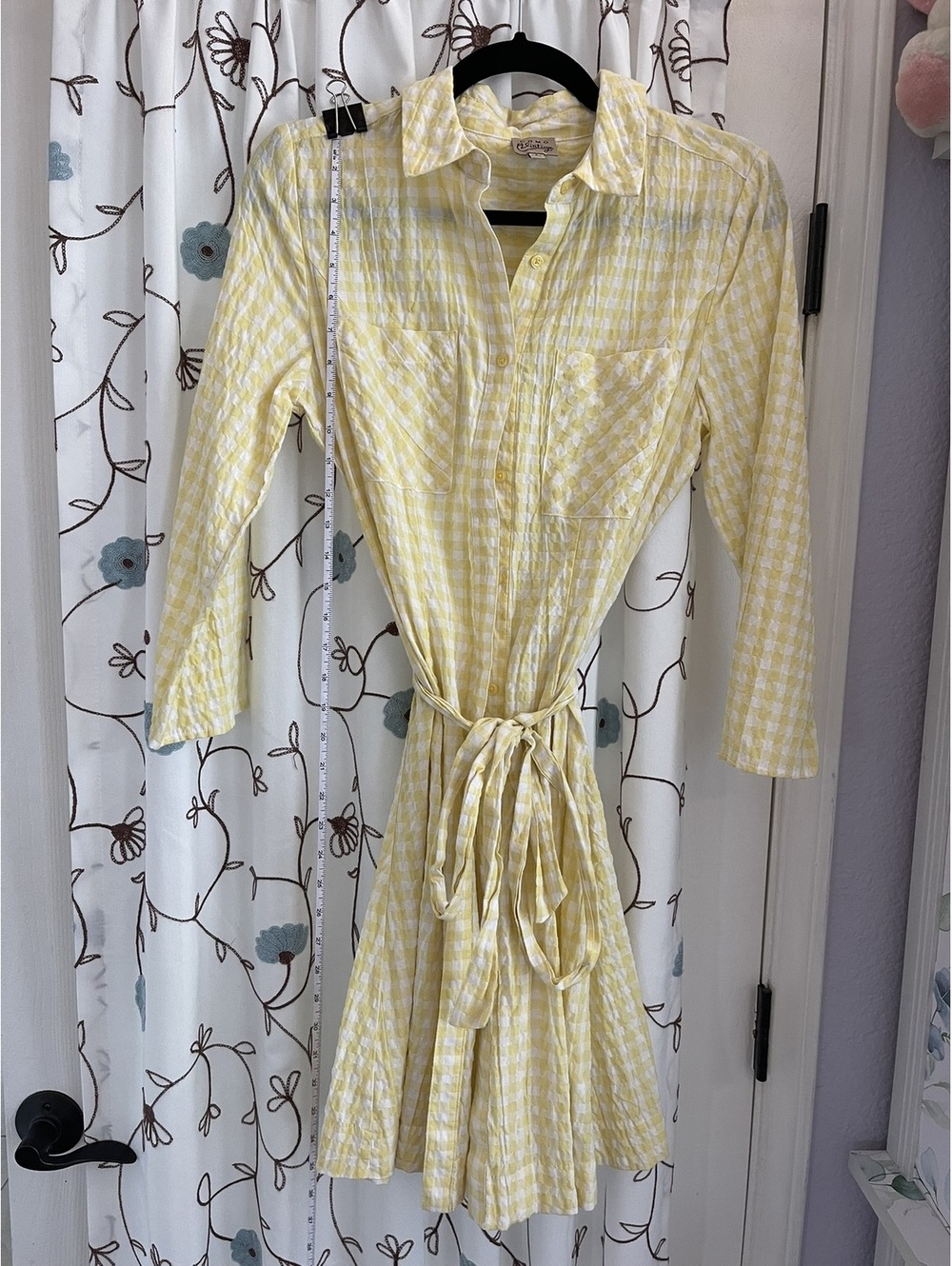 Como Vintage | S | Yellow Gingham Seersucker Tie Waist Shirt Dress
